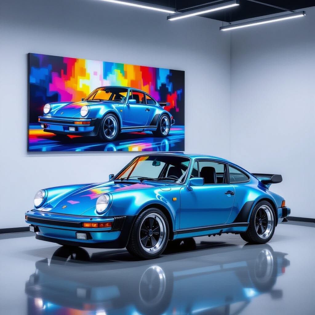 Metallic Blue 1980 Porsche 930 Turbo in Modern Garage Art