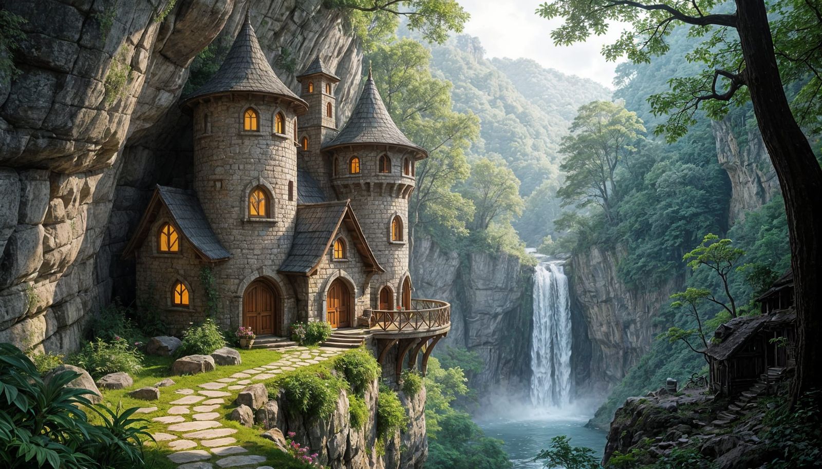 Elven Cliffside Cottage Near Waterfall
