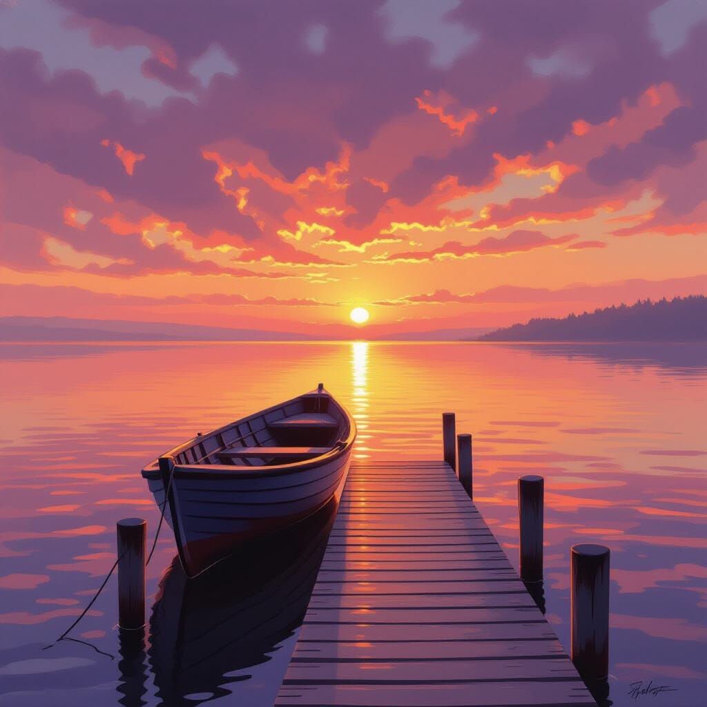 Golden Hour Rowboat Approaches Dock at Sunset