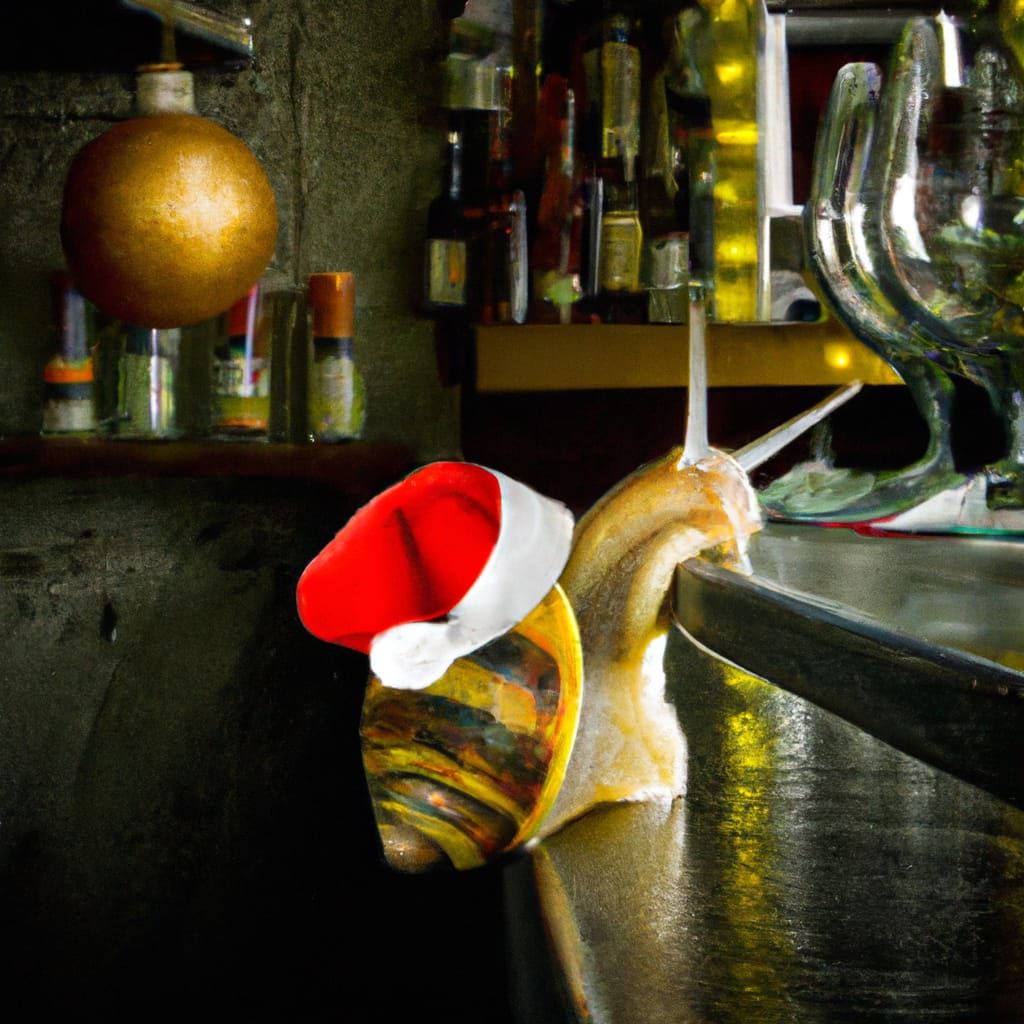 Snail in Santa Hat Enjoying Holiday at Bar