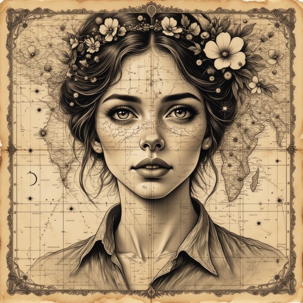 Woman Overlaid on Vintage Atlas Map
