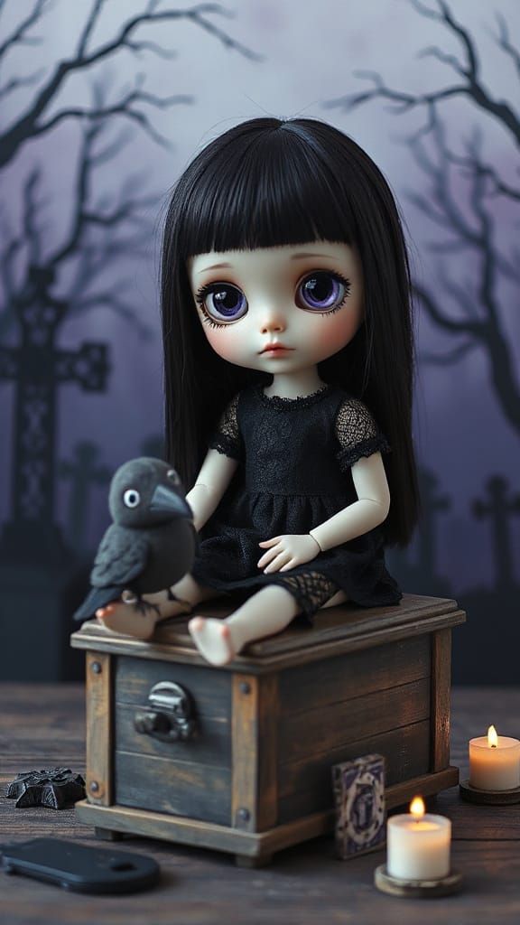 Gothic Chibi Doll in Twilight Graveyard Digital Watercolor