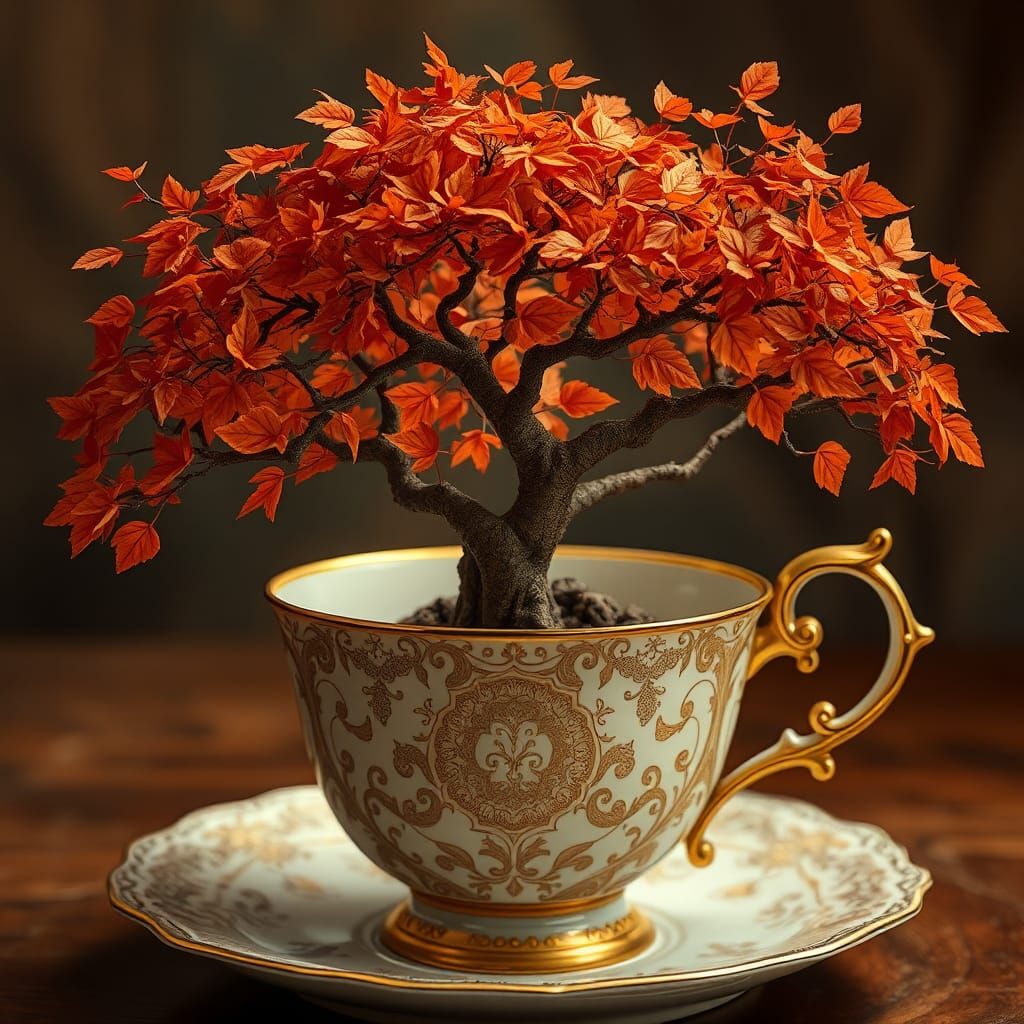 Autumn Tree in Teacup: Whimsical Golden Light