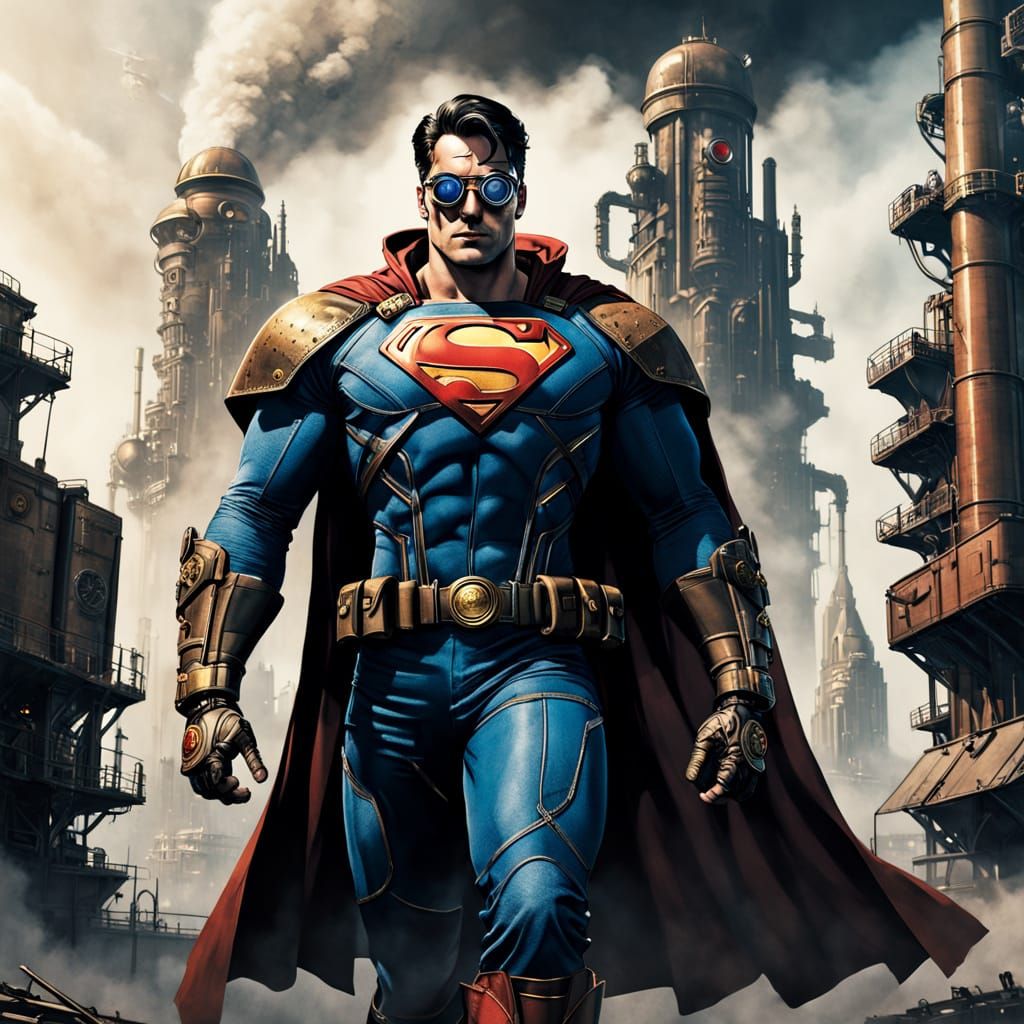 Steampunk Superman Soars Above Industrial Cityscape