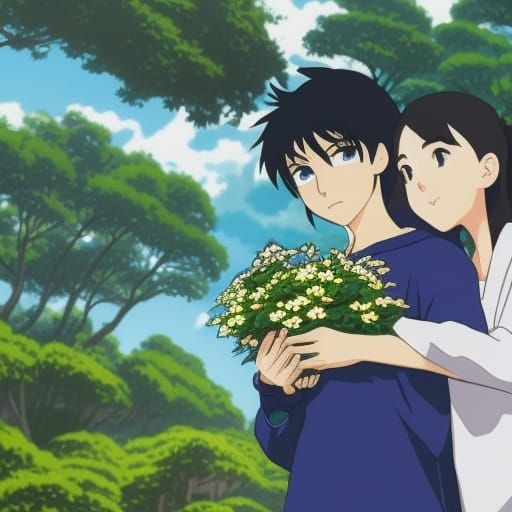 Anime Girl Presents Flowers: Studio Ghibli Style