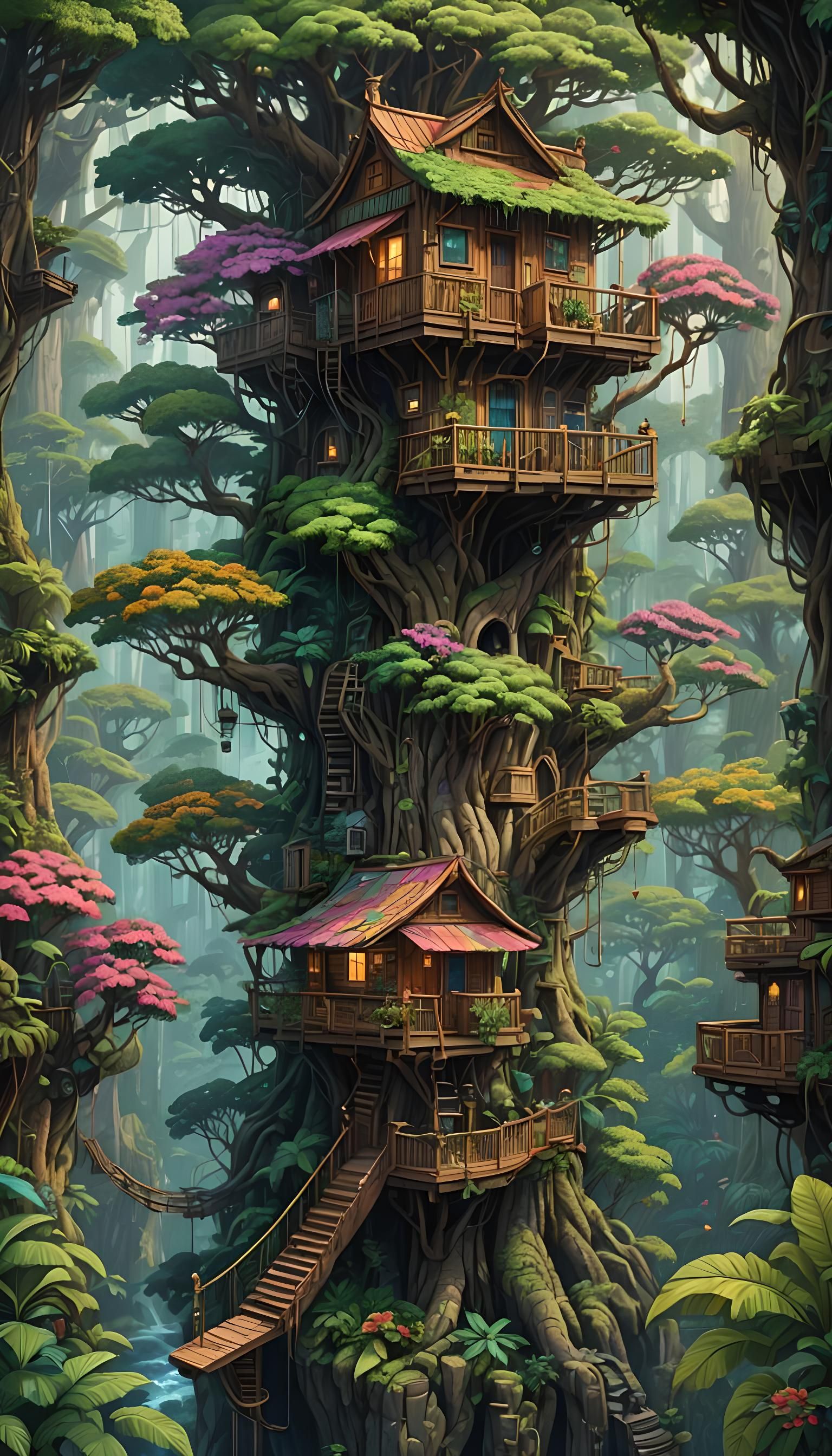 Cyberpunk Treehouse in Jungle, Detailed Pixel Art