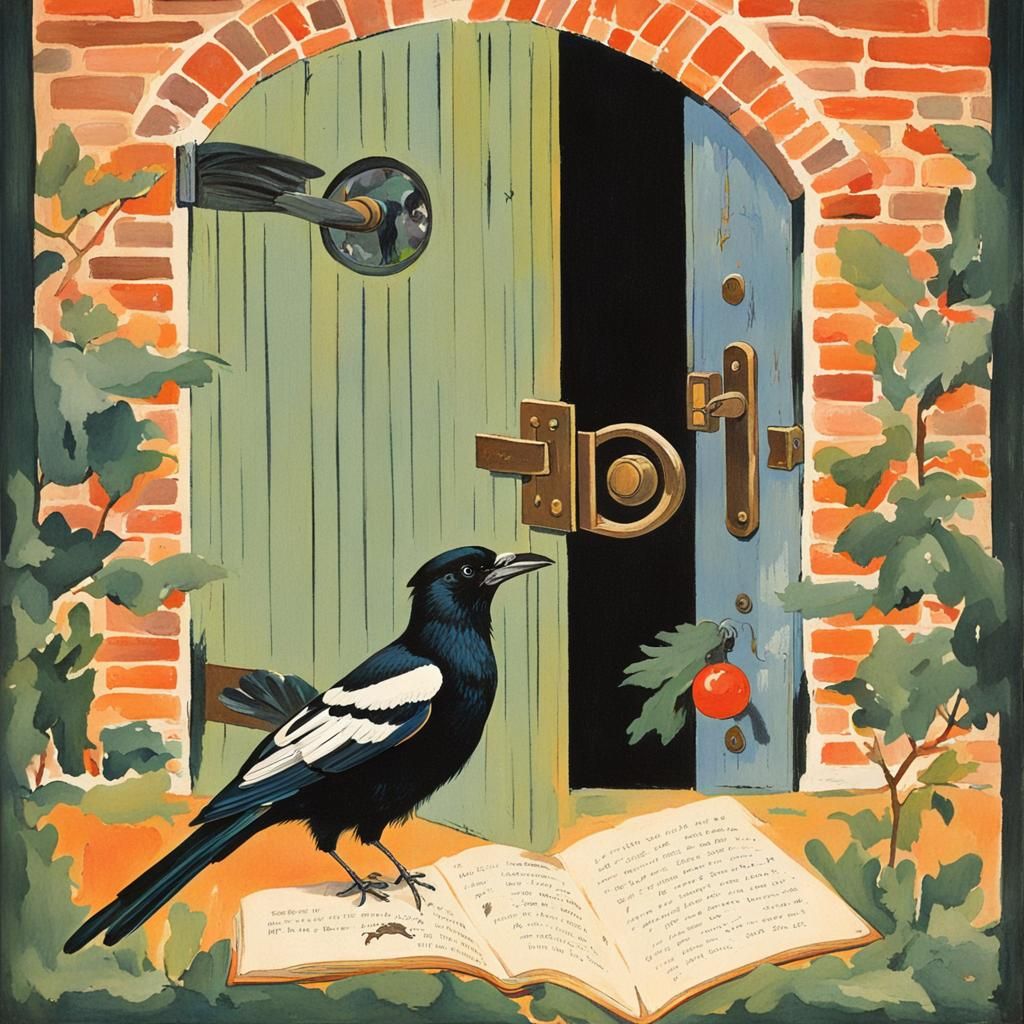 Magpies and Secret Door: 1920s Gouache Painting