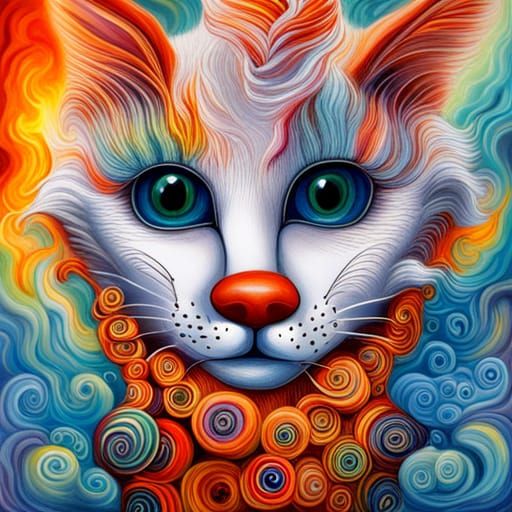 Surreal Clown Cat Painting in Vivid Colors