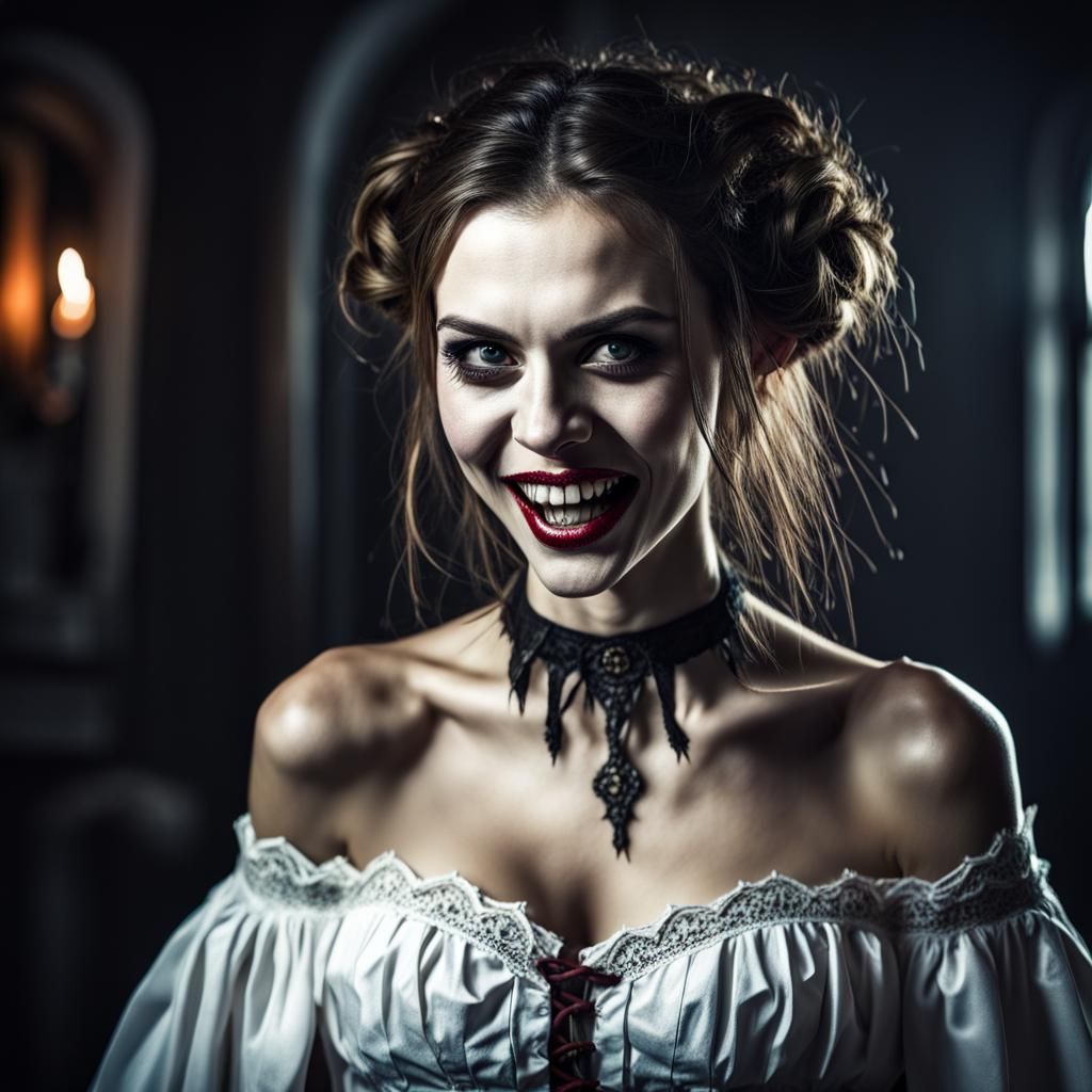 Hyperrealistic Vampire Woman in White Peasant Top