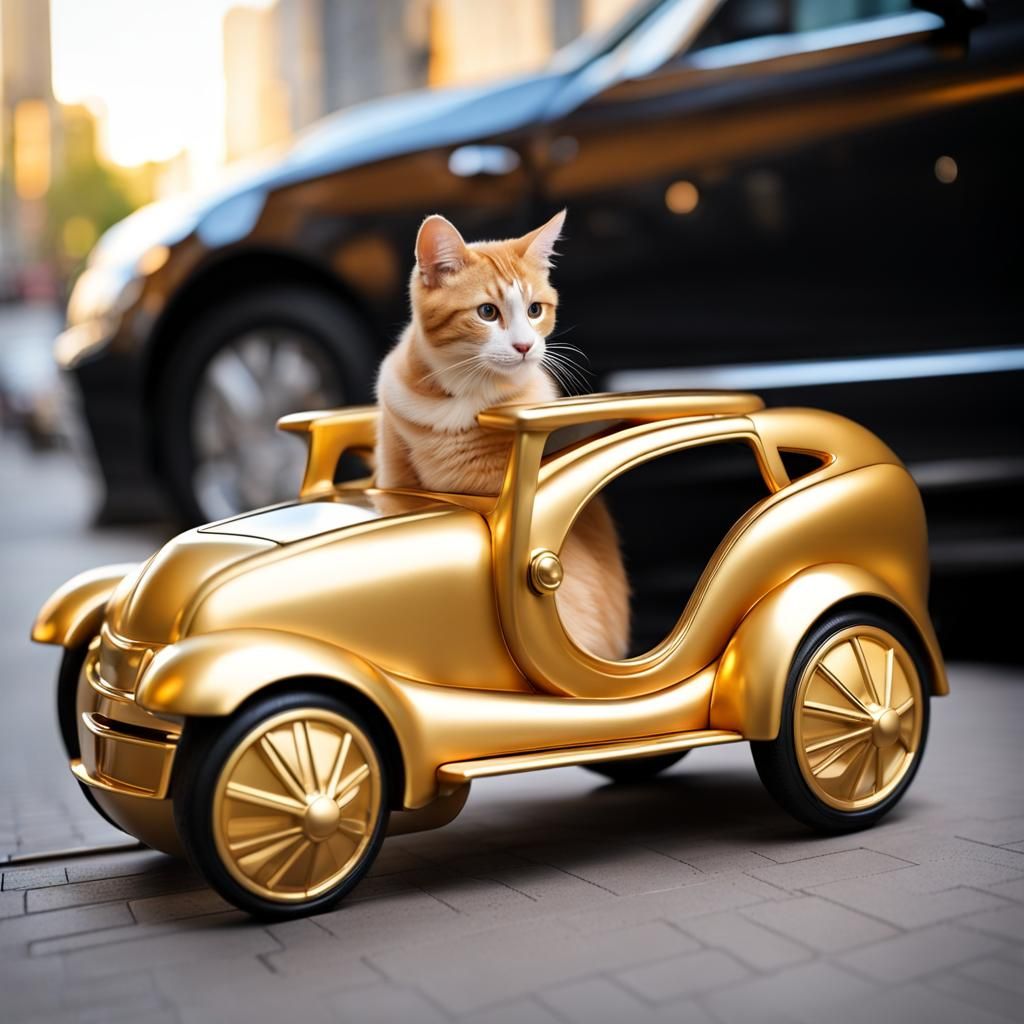 Golden Piano Car Driven by Cute Cat
