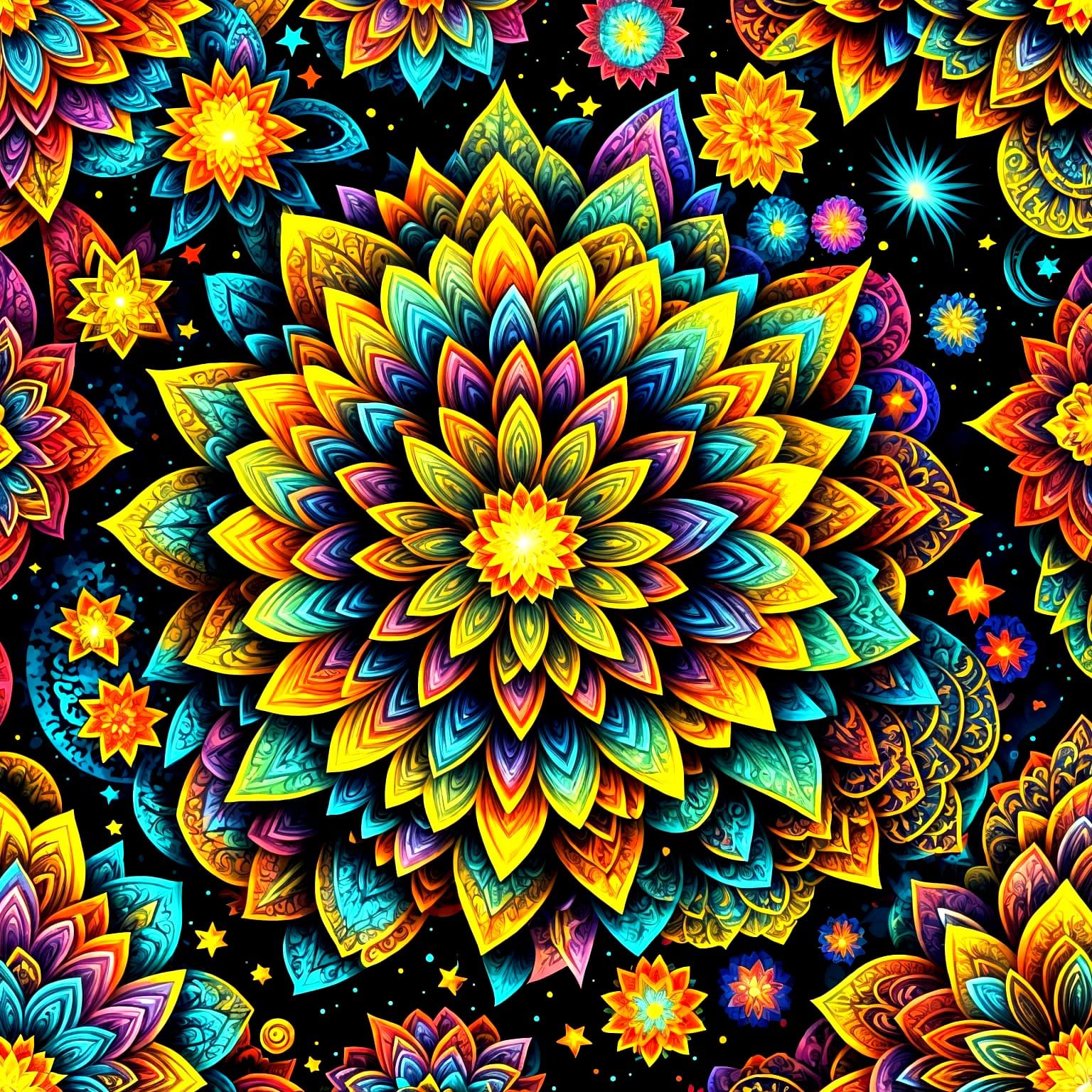 Vibrant Abstract Fractal Mandala with Shooting Stars