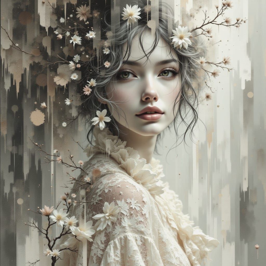 Hauntingly Beautiful Maiden in Ethereal Lace Gown