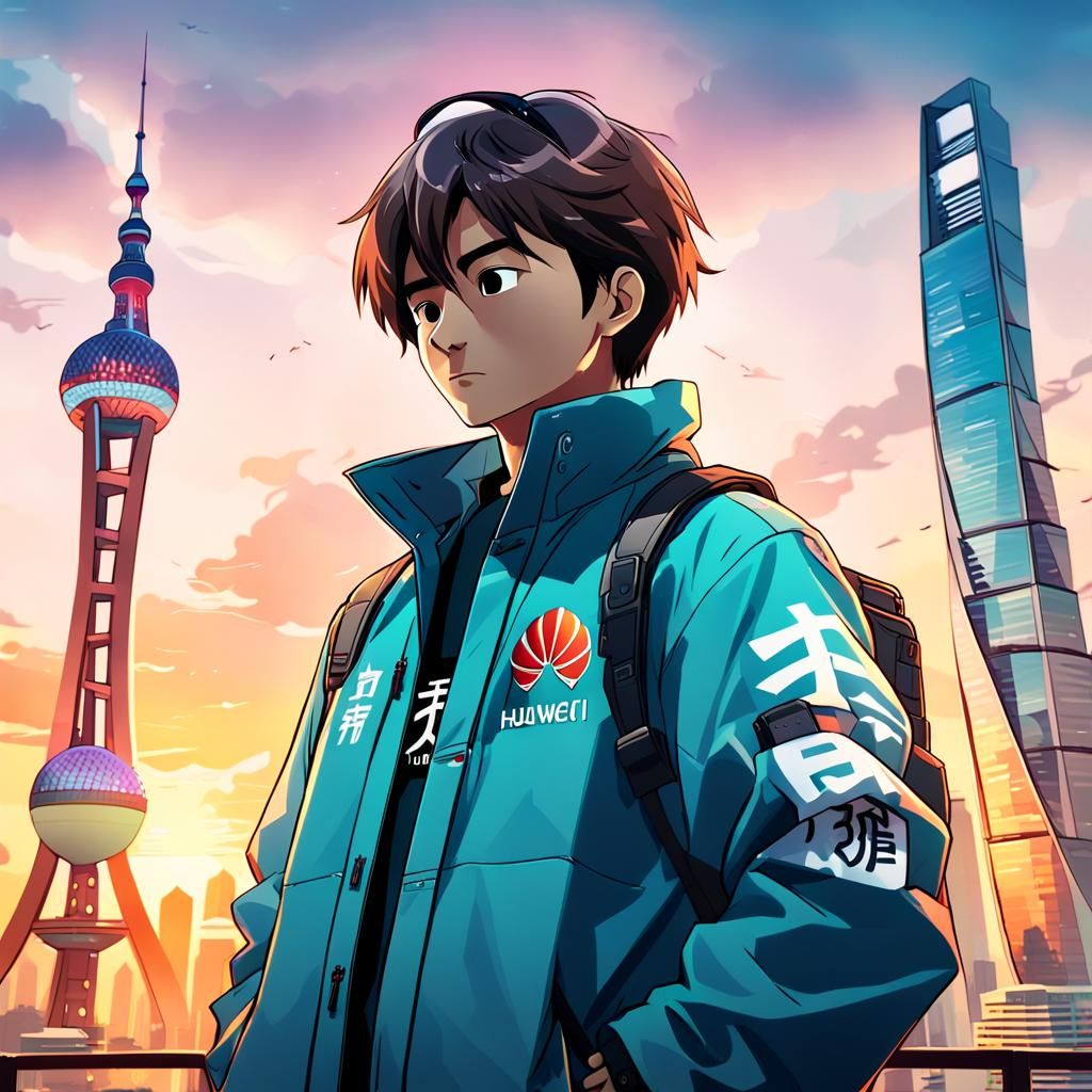 Vibrant Huawei Engineer in Front of Shanghai Oriental Pearl...