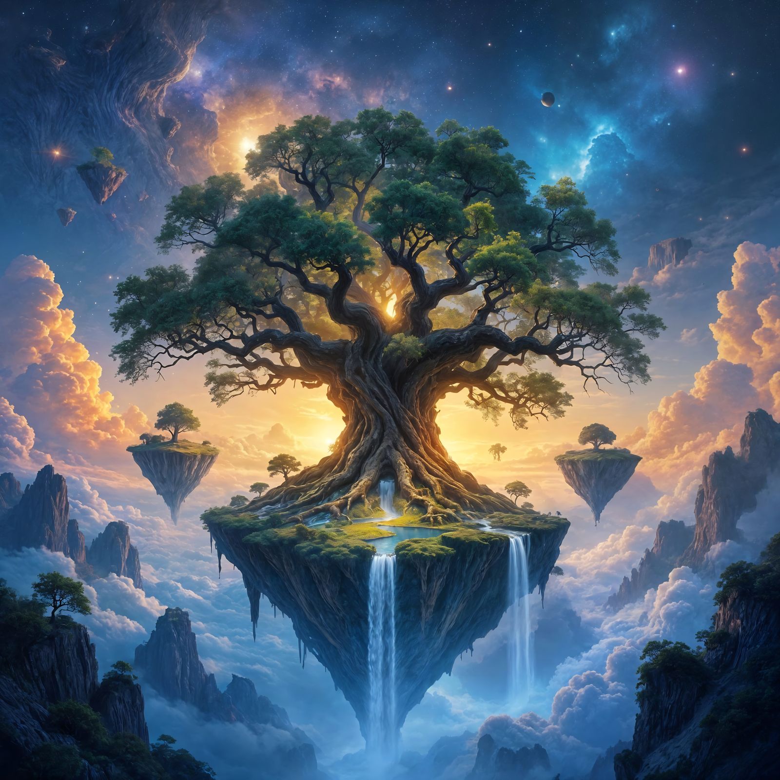Ancient Oak Holding Floating Islands in Cosmic Void