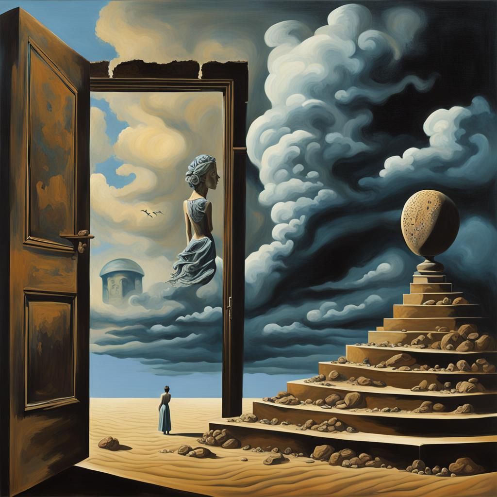 Seed 563753564 Surrealism, desert, woman from behind, clouds, broken statue in background, muted colors, floating math s...