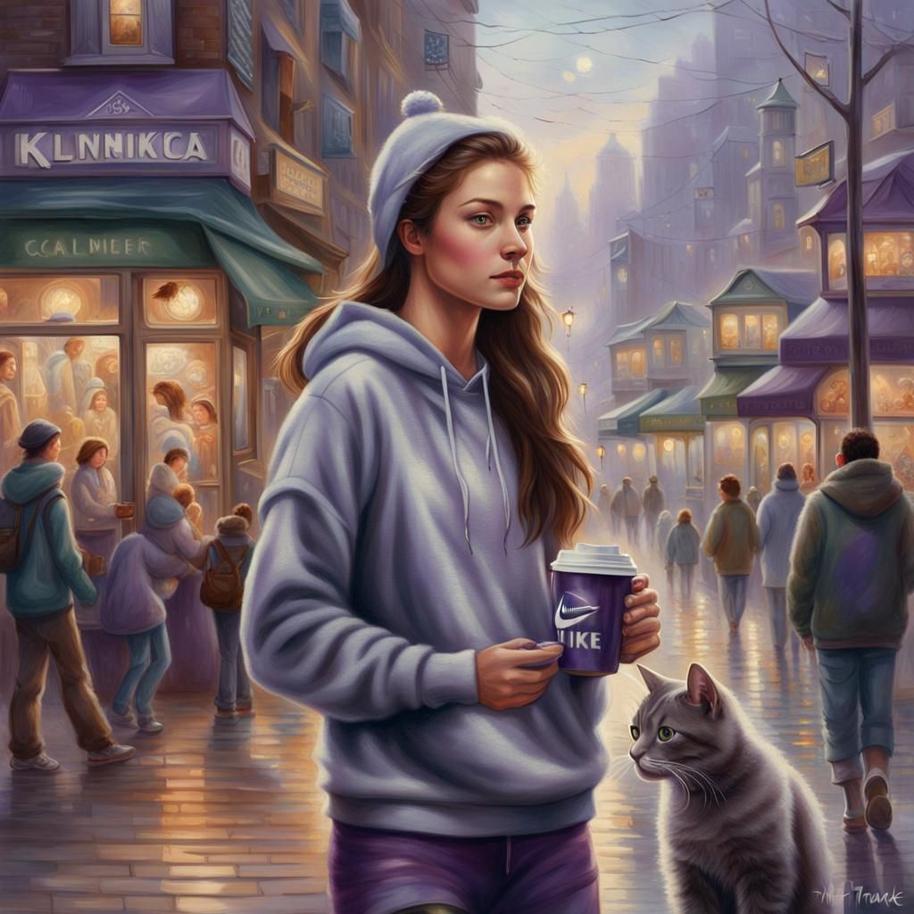 Woman with Cat Walking on City Street