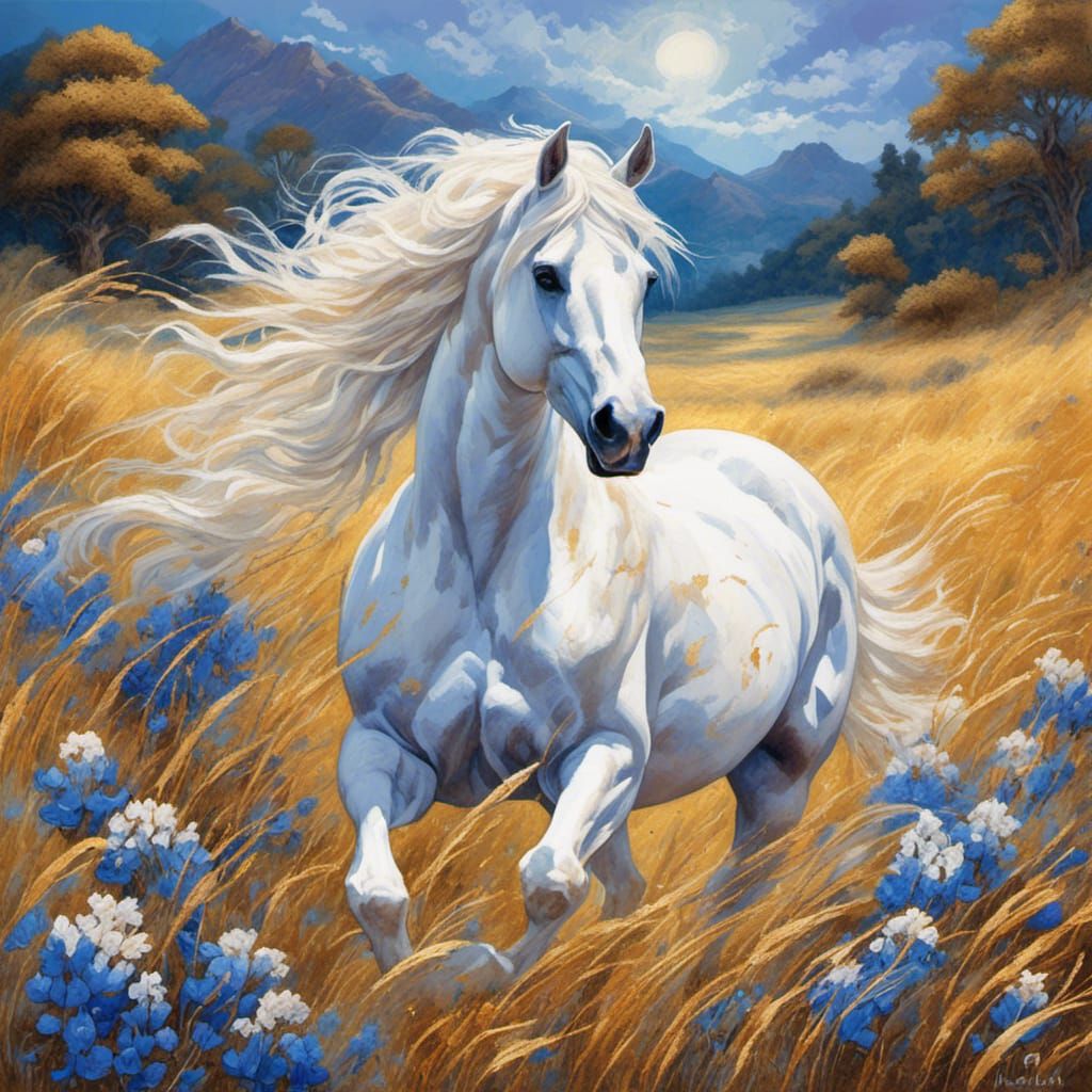 White Stallion Running Through Golden Field in Matte Style