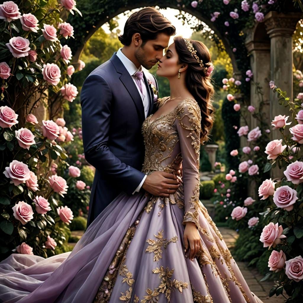 Bride and Groom Kissing in Rose Garden: Hyperrealistic Digit...