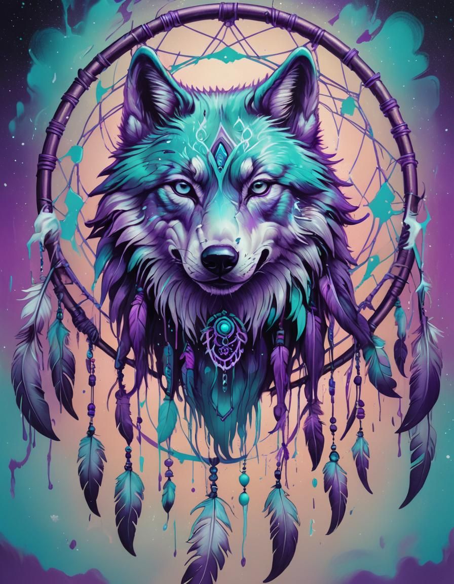 Ghost Wolf Dreamcatcher in Neon Graffiti Style