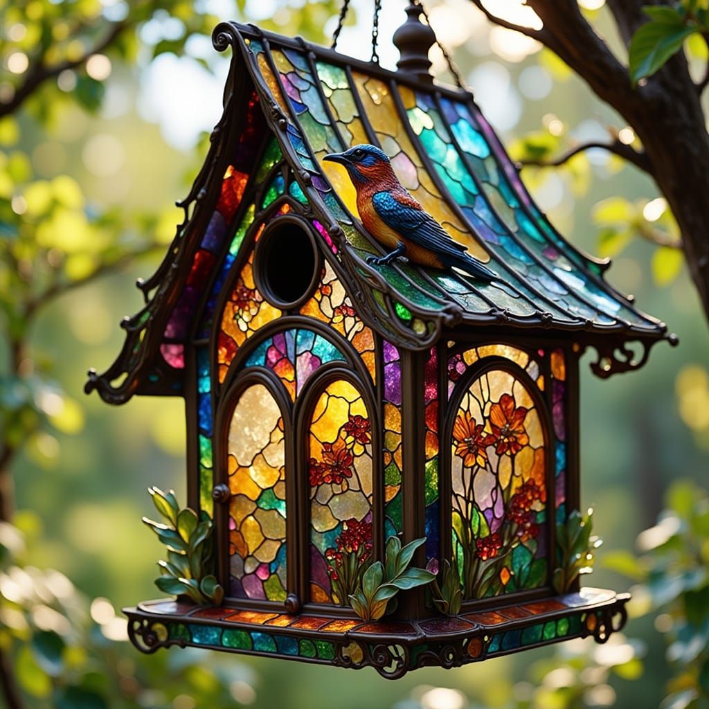 Stained Glass Birdhouse in a Tree