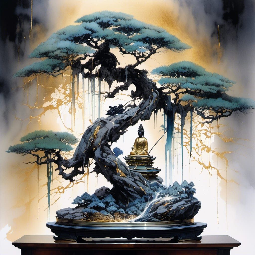 Kintsugi Bonsai Statue in Watercolor Painting Style