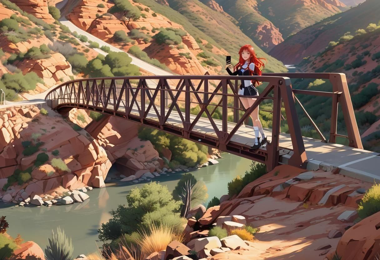 Anime Girl Selfie in Desert Arroyo Landscape