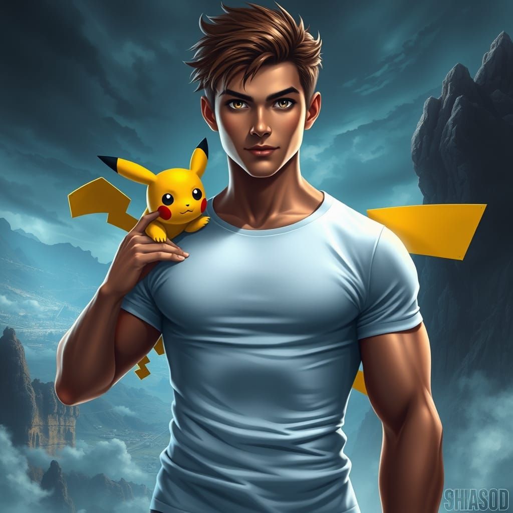 Heroic Teenager with Pikachu in a Fantastical Landscape