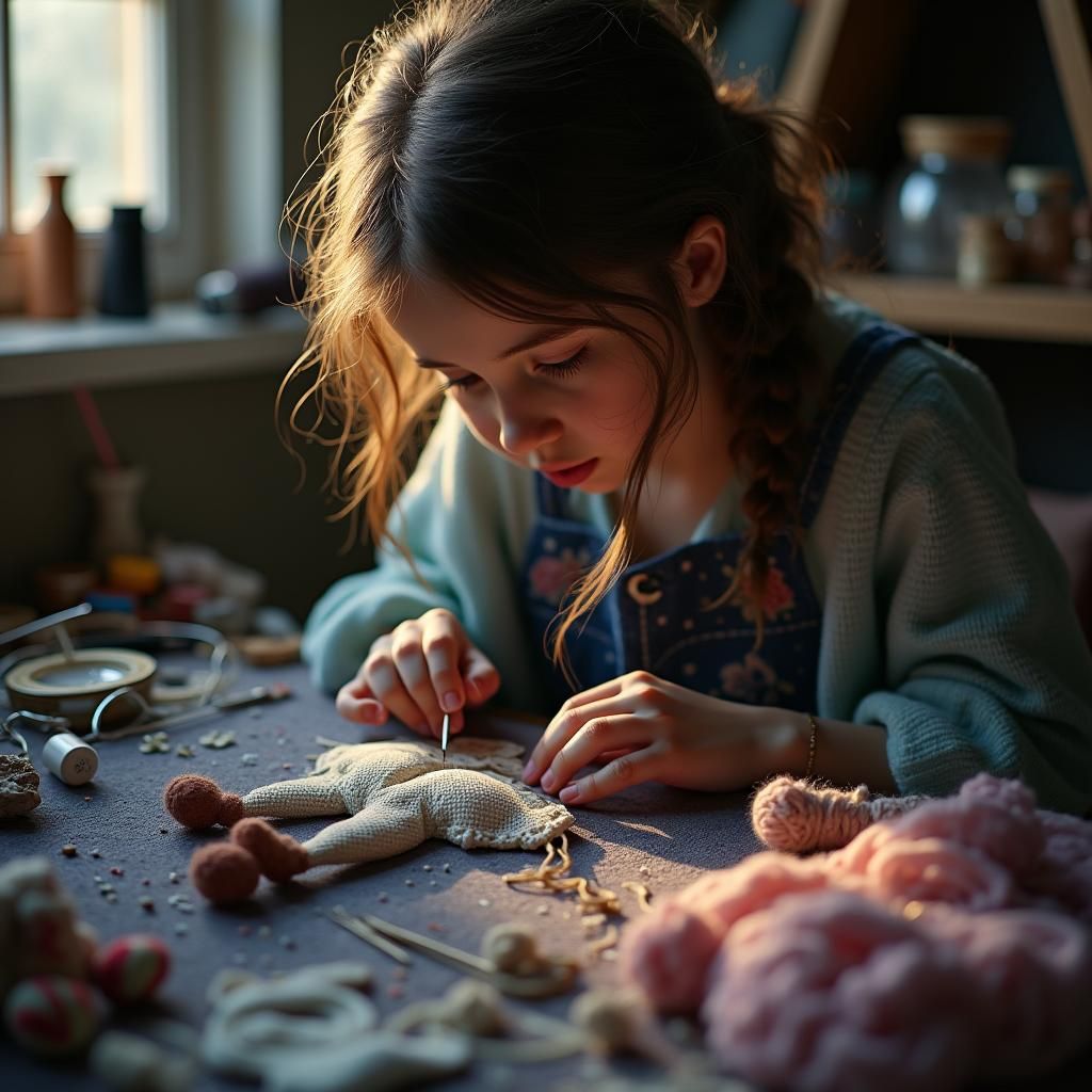 Art Nouveau Girl Stitching Doll in Cozy Workspace