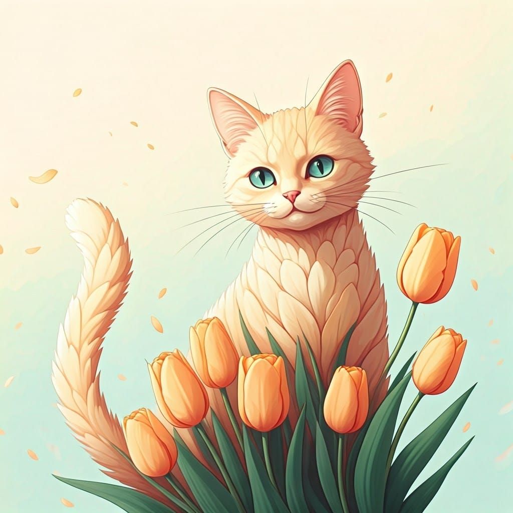 Tulip Cat in Whimsical Watercolor Style