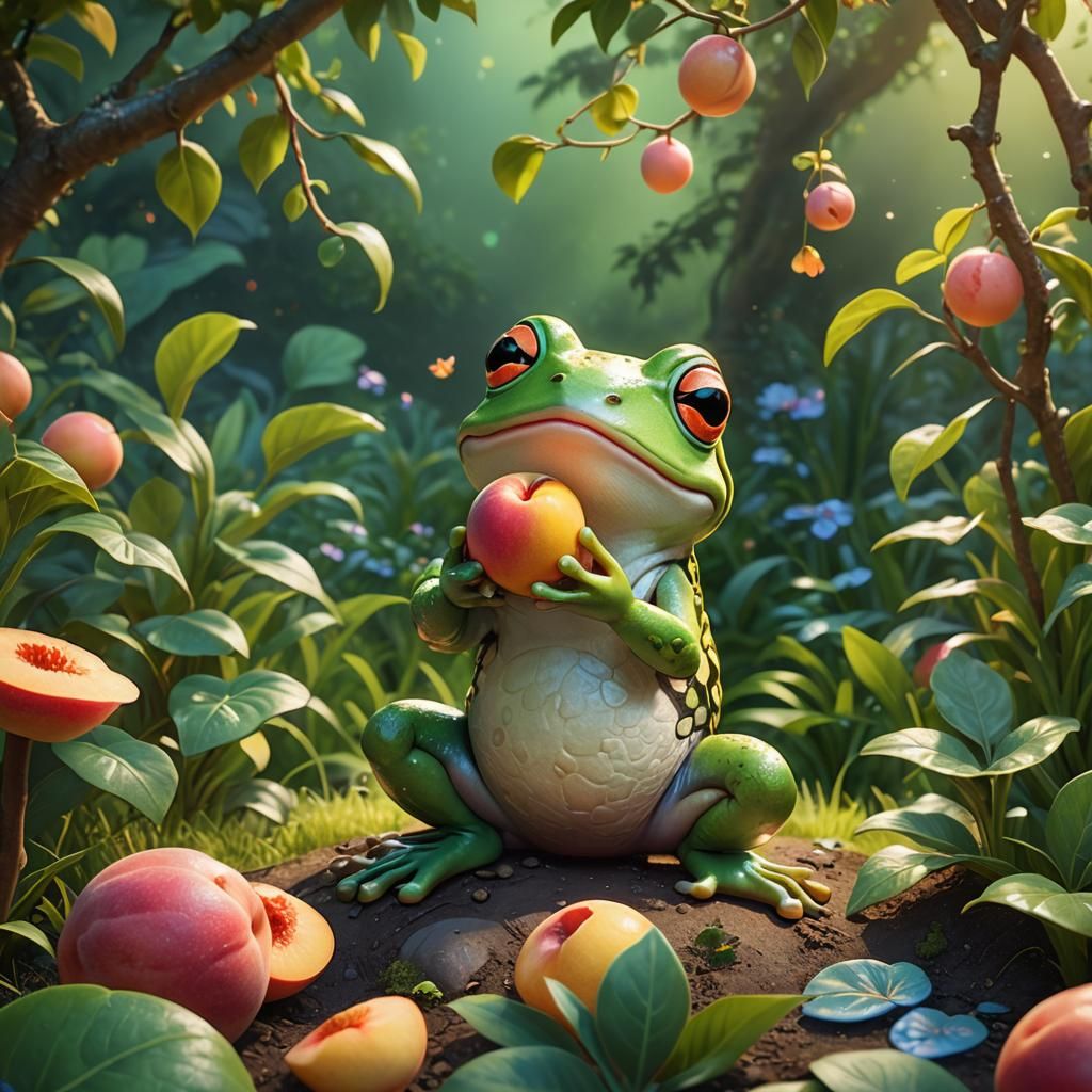 Cute Frog Holding Peach: Vibrant 3D Digital Art