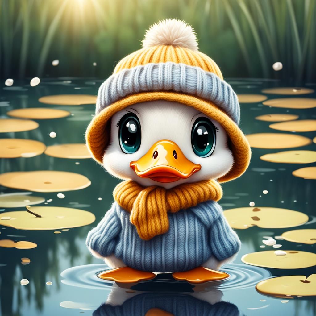 Chibi Duck in Sweater and Hat on Pond