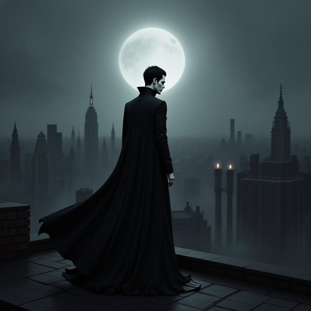 Gothic Vampire on Rooftop's Edge in Melancholic Twilight