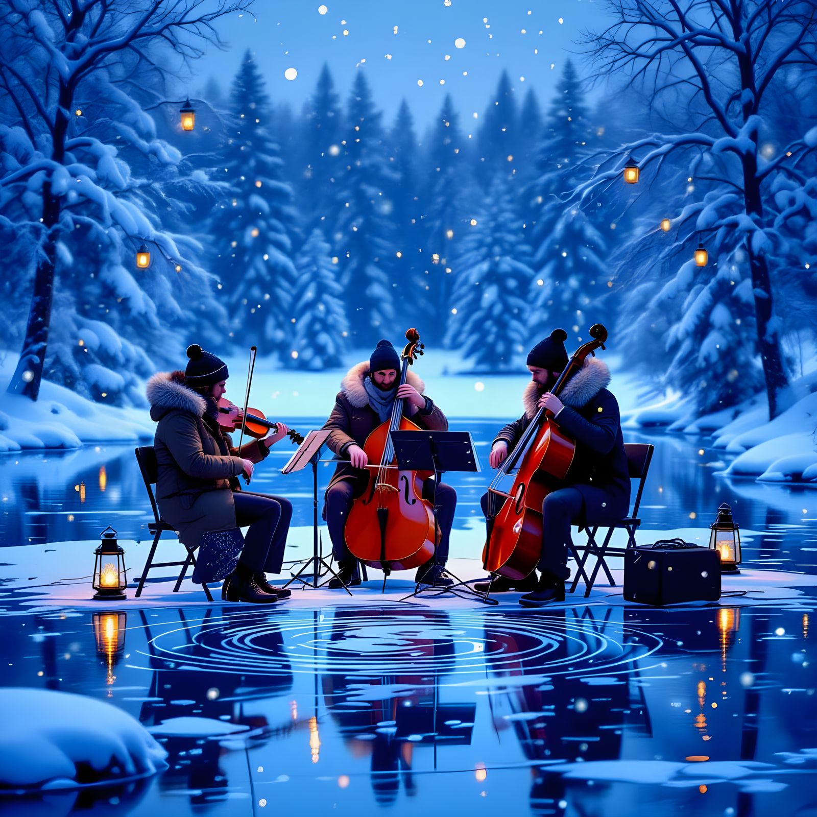 Jazz Trio on Frozen Lake, Vibrant Colors Digital Painting