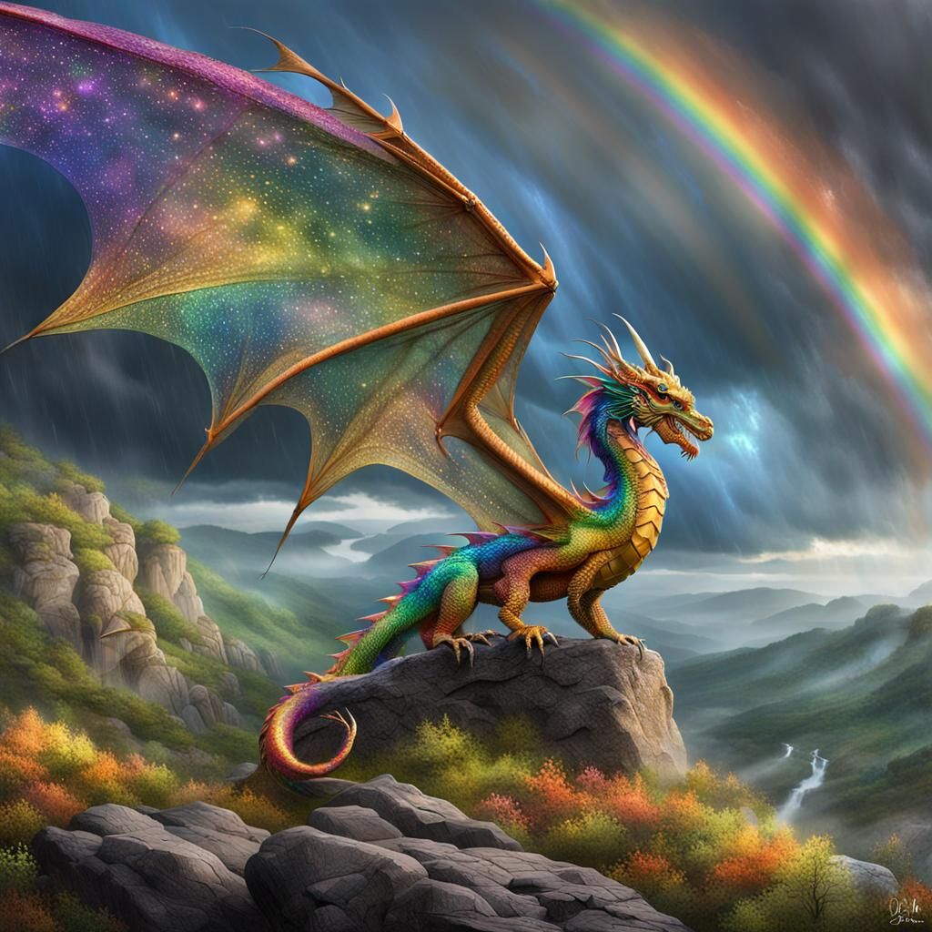 Iridescent Dragon on Rocky Outcrop in Storm
