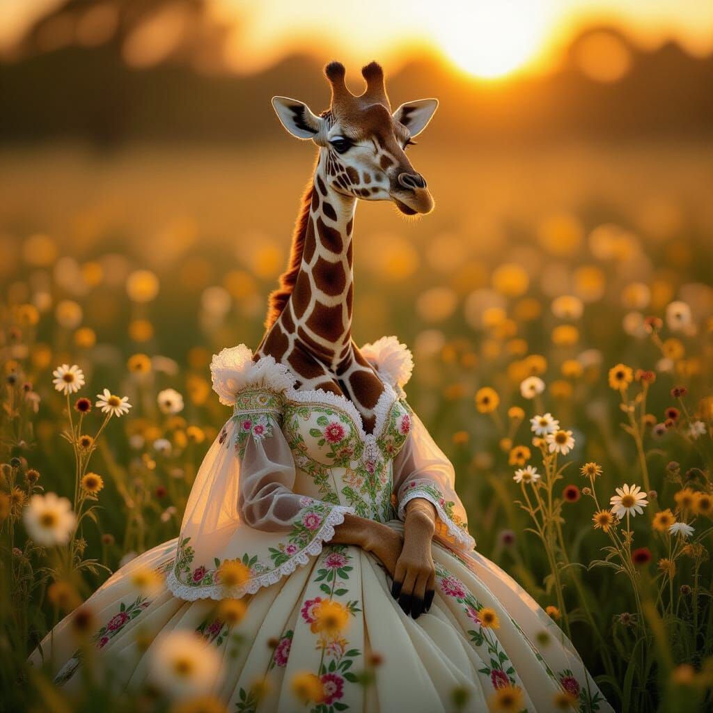 Elegant Giraffe in Art Nouveau Gown: Macro Photography