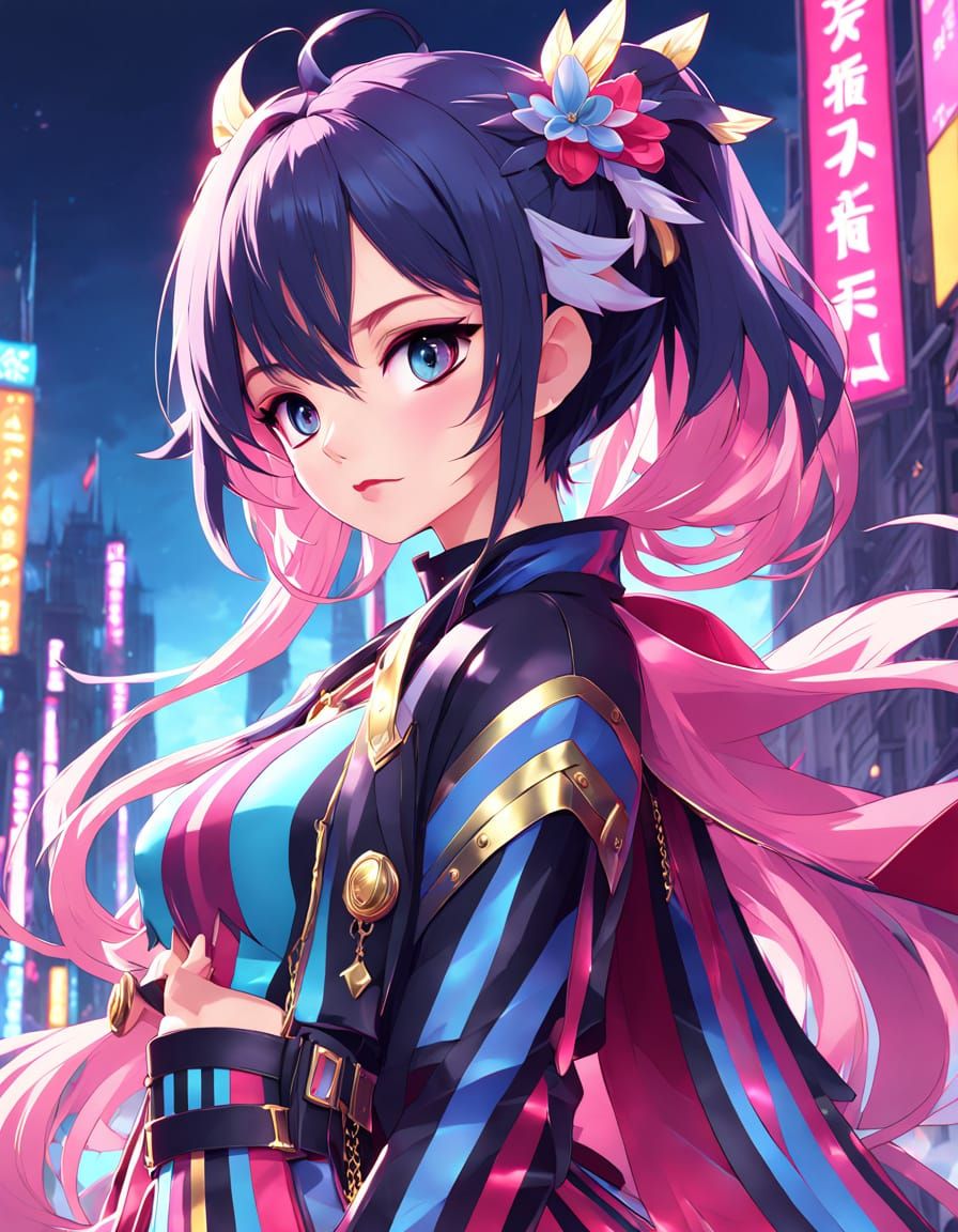 Anime-Inspired Woman in Striped Outfit with Swirling Pattern...