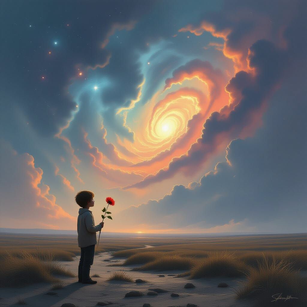 Boy Contemplates Vastness with Flower Under Nebulae Sky
