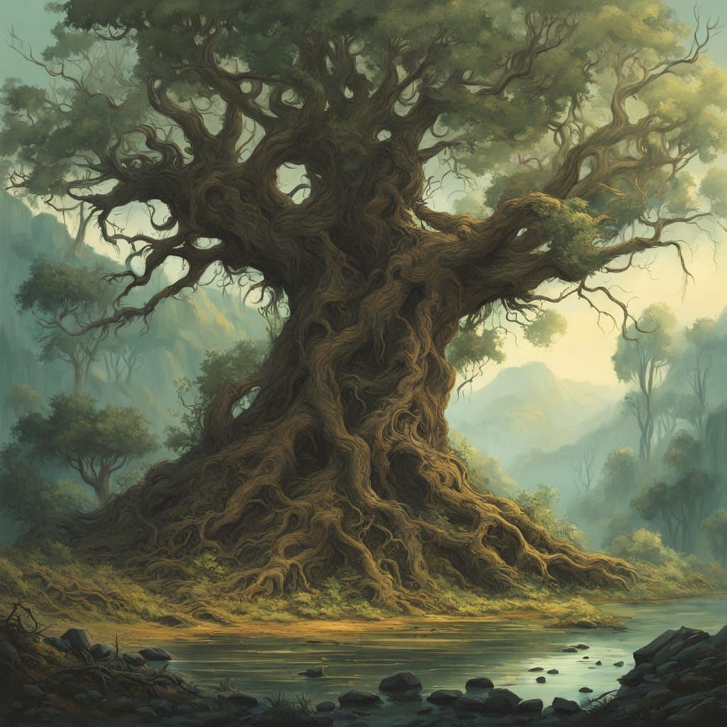 Ethereal Prehistoric Lovers in a Vibrant, Mystical Landscape