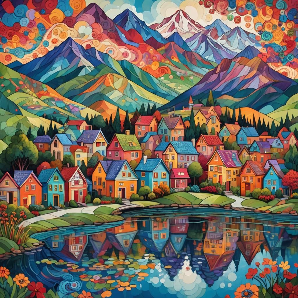 Colorful Houses by Pond: Folk Art Painting