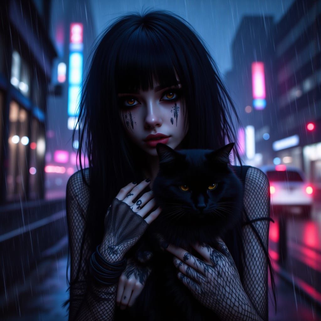 Gothic Anime Girl with Cat and Fishnet Leggings