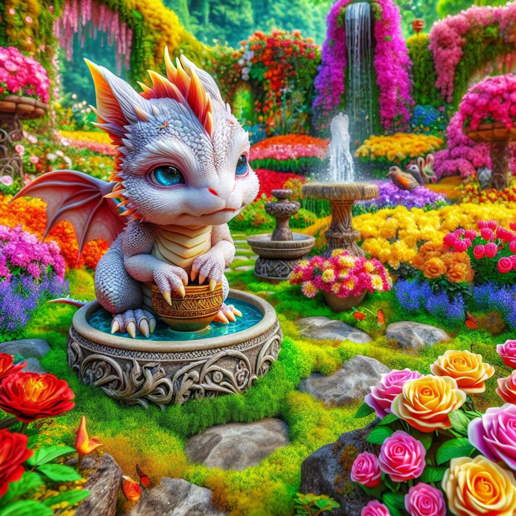 Hyperrealistic Dragon-Rabbit in a Colorful Garden