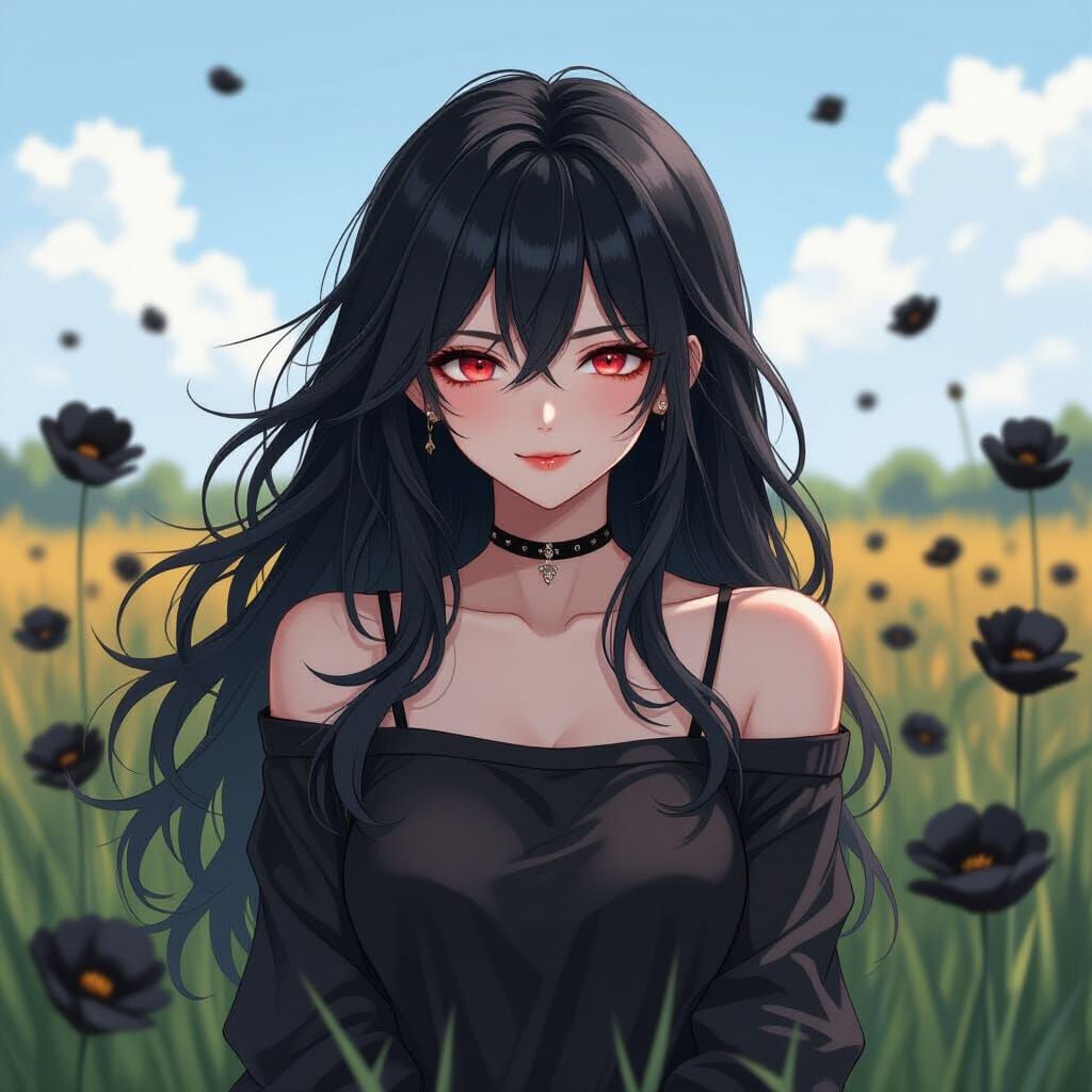 Anime Woman in Black Flowers with Red Eyes