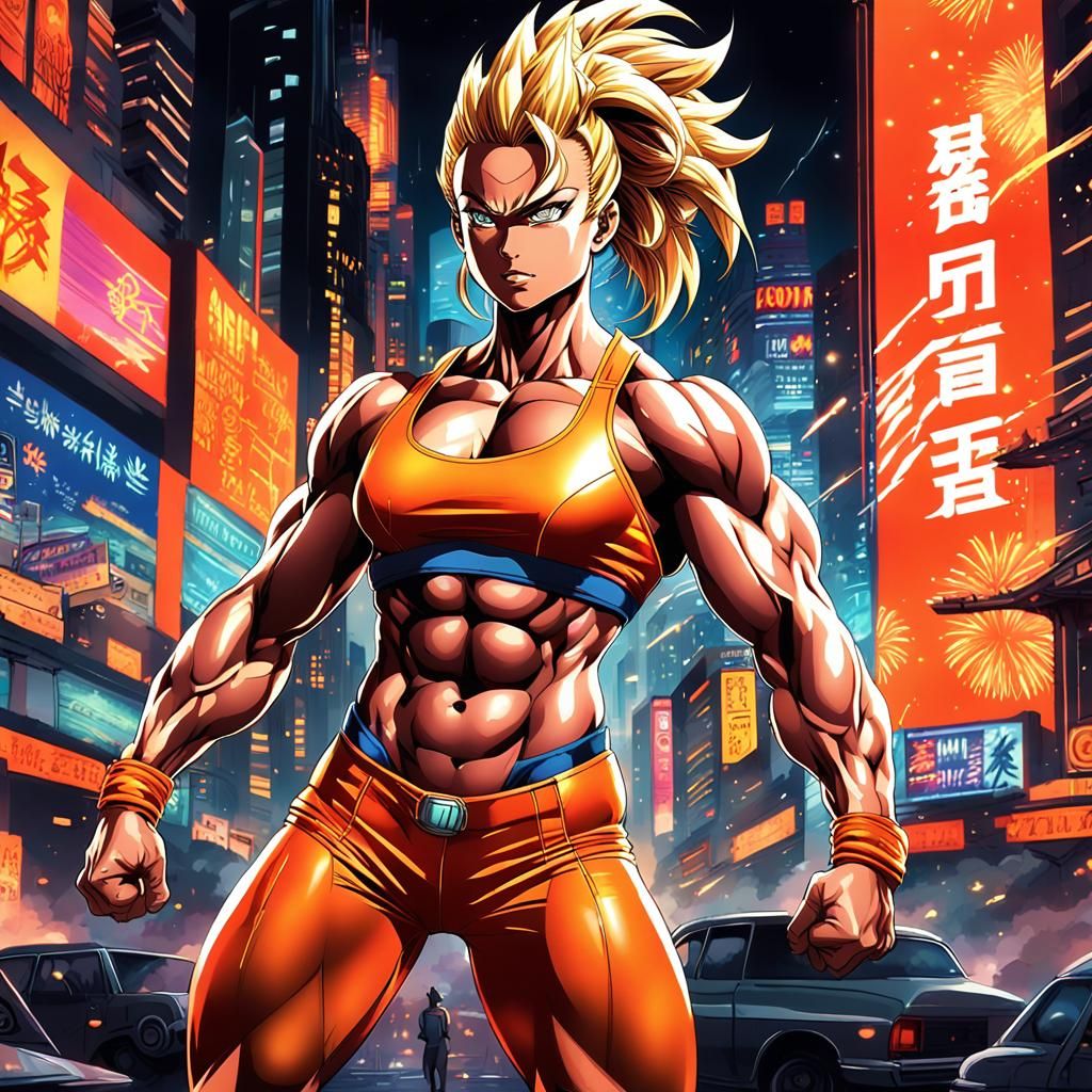 Hyperdetailed Super Saiyan in Retro Anime City