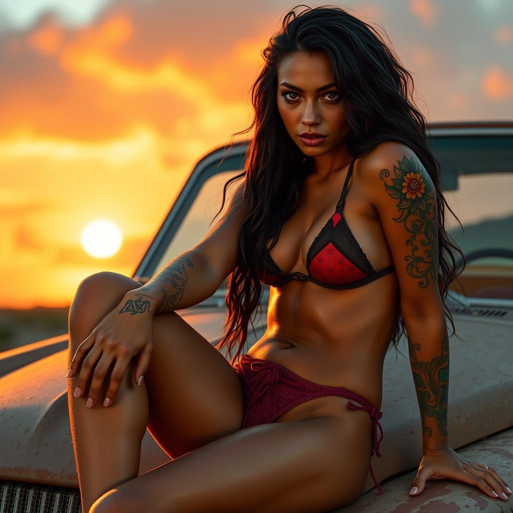 Sultry Sunset Goddess in Bikini, Captured in Vibrant Fantasy...