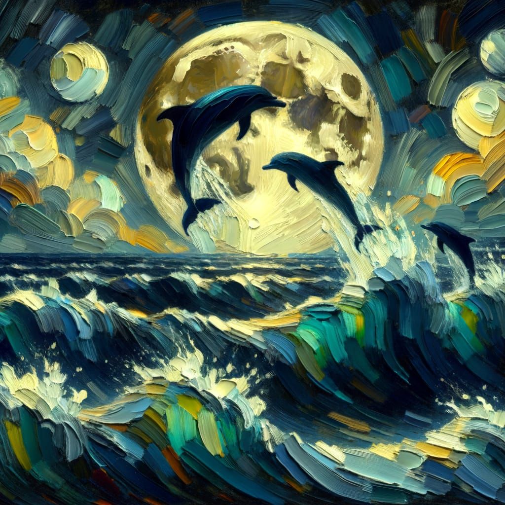 Dolphins Leaping Under Moonlight in Encaustic Style