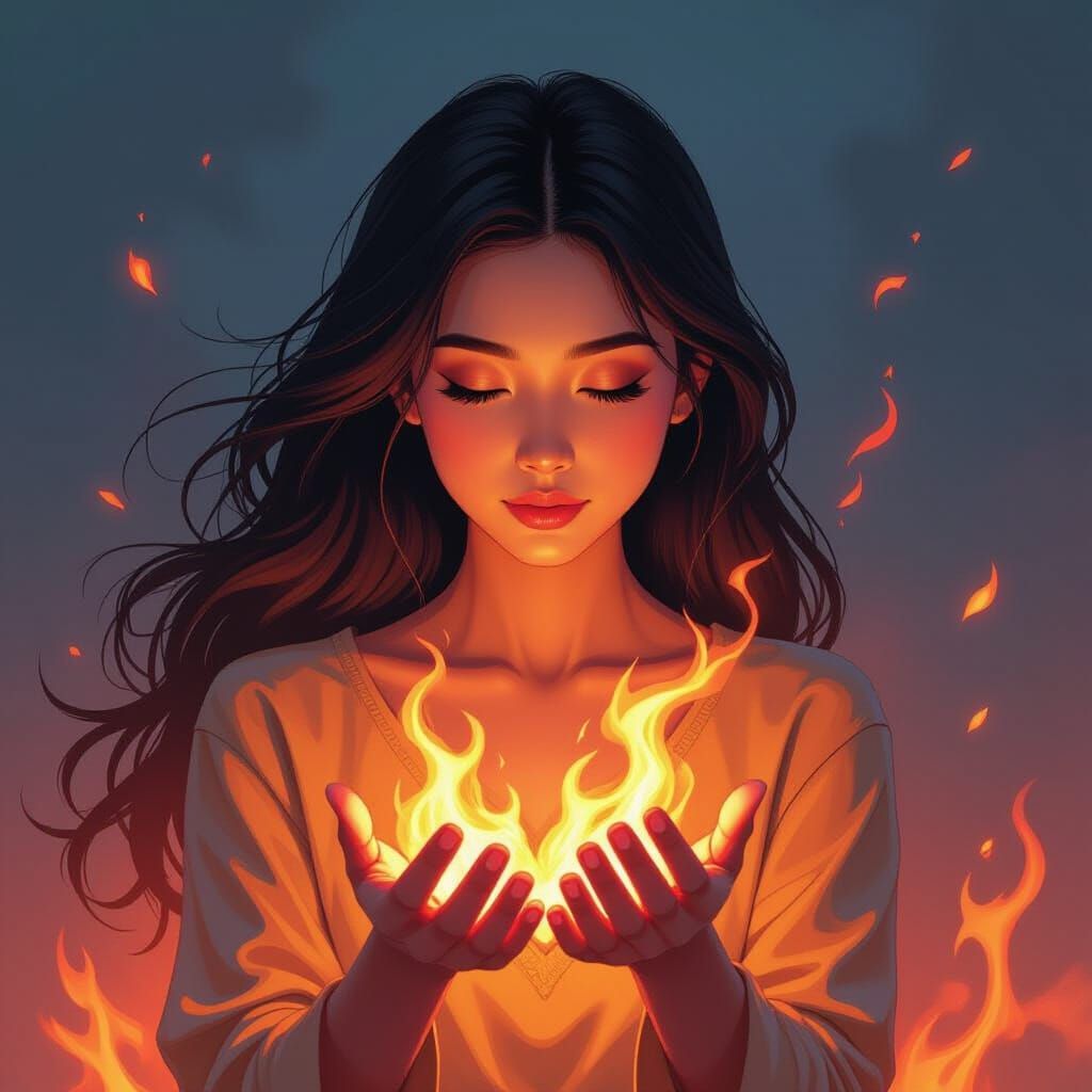 Calm Thai Woman Conjures Ethereal Flames in Comic Style
