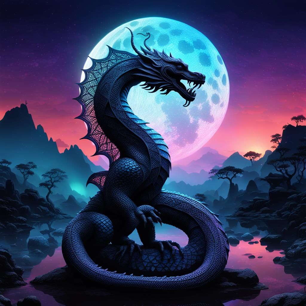 Naga Silhouette at Silver Moon: Fantasy CGI Artwork