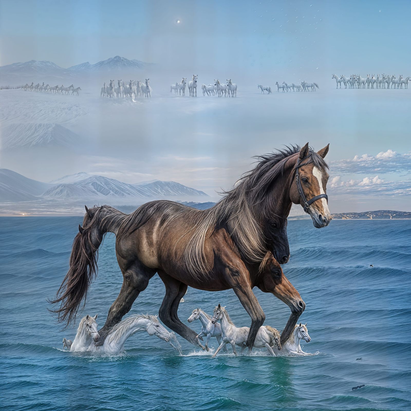 Ethereal Horses Rise from the Water's Surface