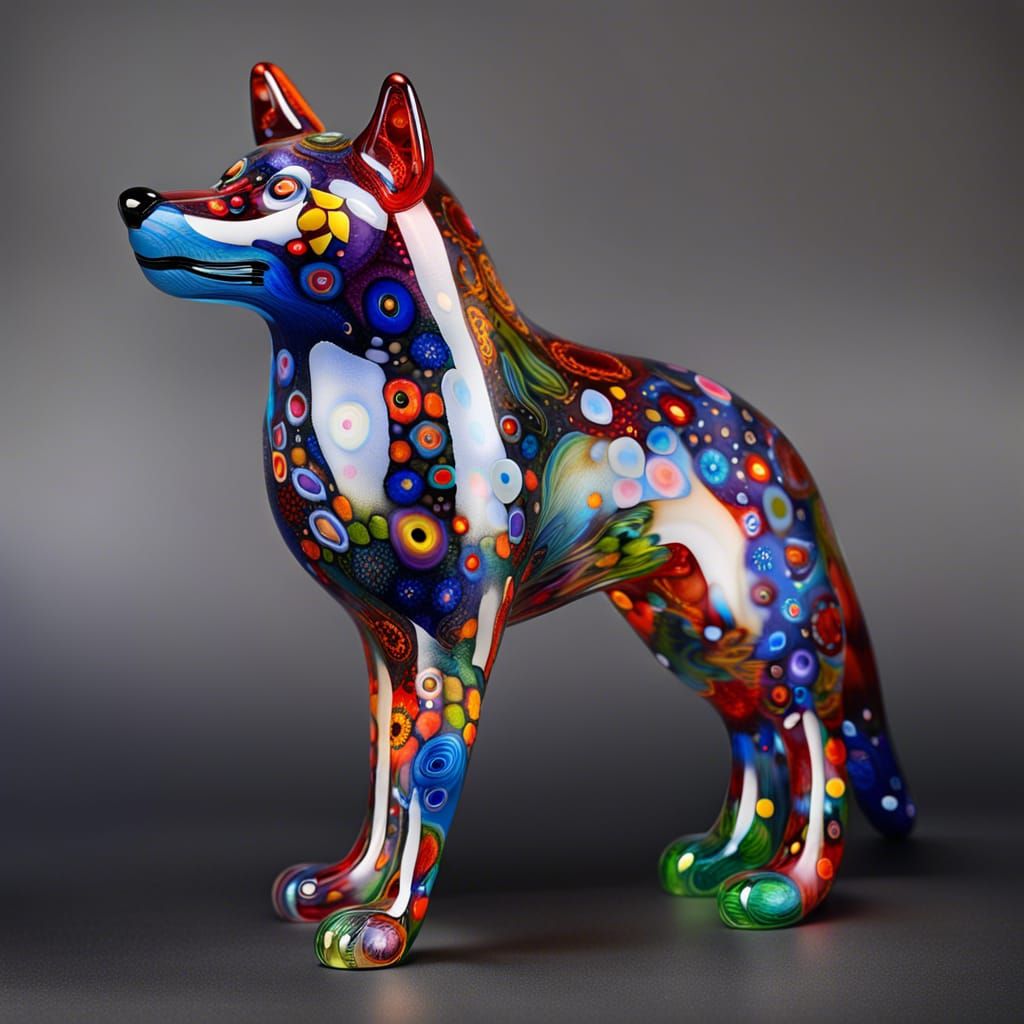 Blown Glass Wolf with Millefiori Pattern