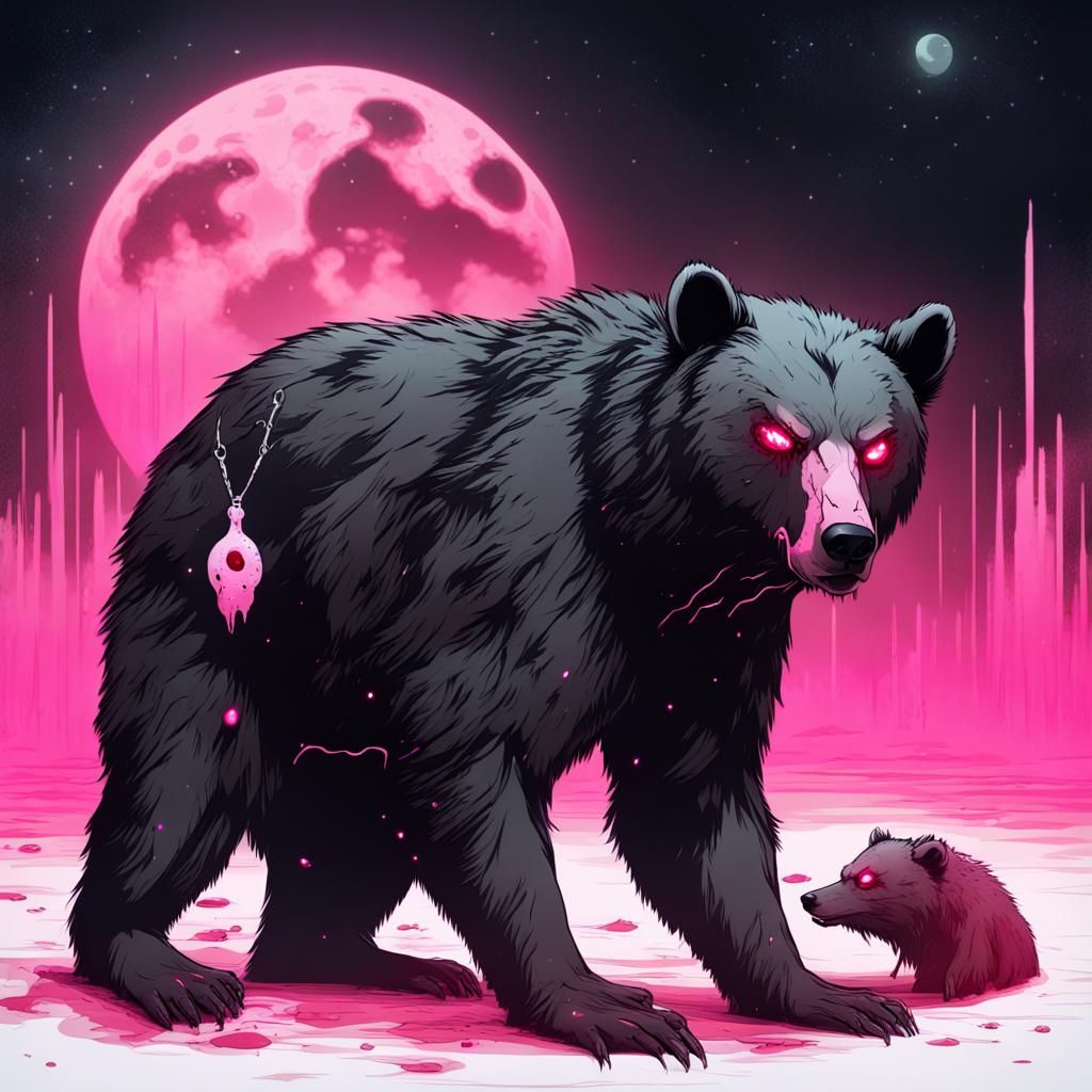 Cyberpunk Bear with Glowing Eyes Eats Fish
